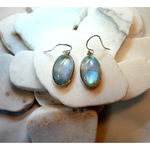 Natural Green Rainbow Moonstone Sterling Silver Earrings Handmade Healing - Picture 4 of 5